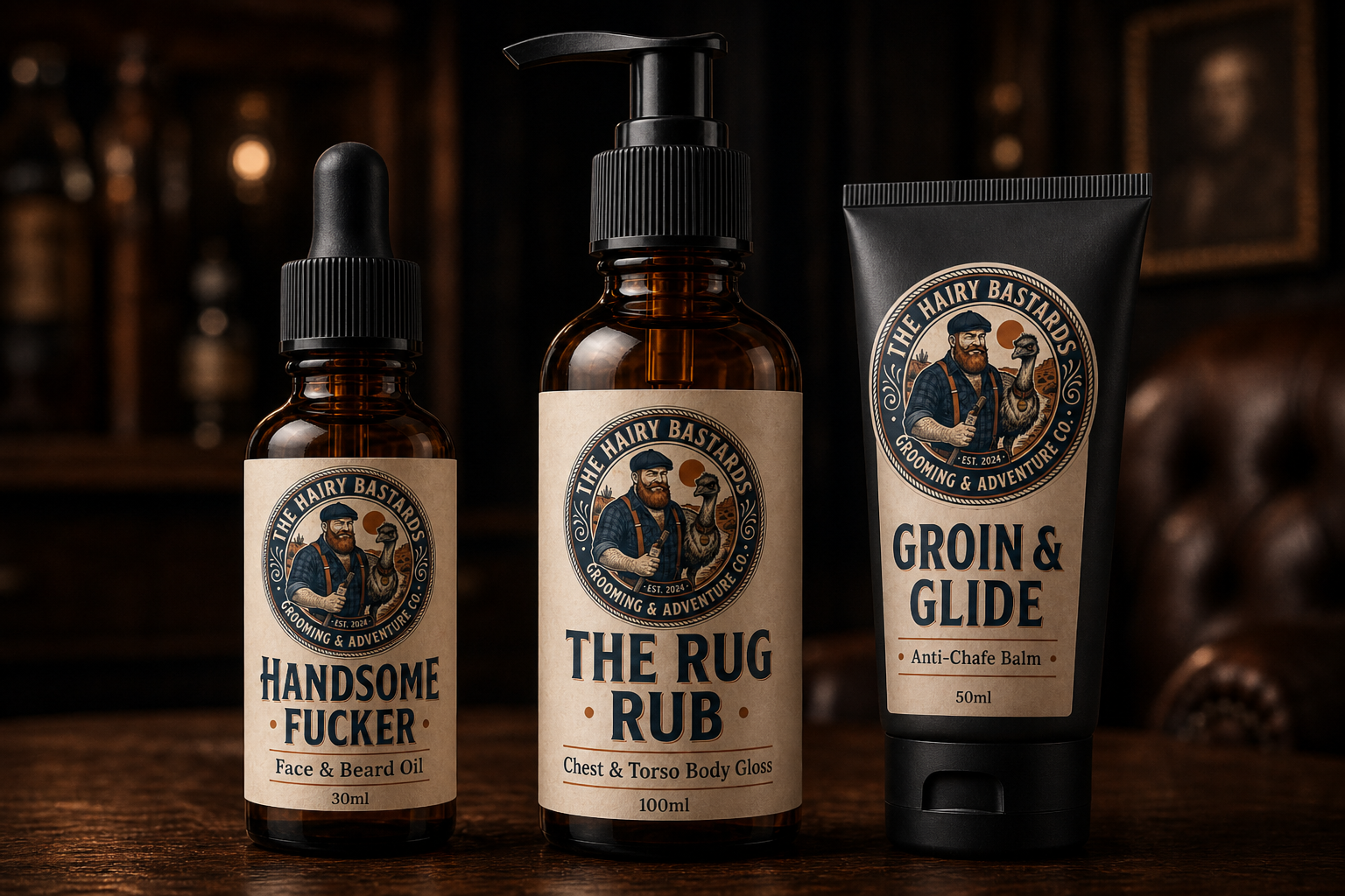 The full Hairy Bastards emu oil grooming range