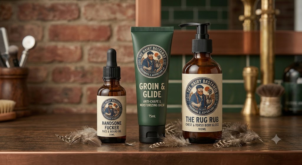 The full Hairy Bastards emu oil grooming range